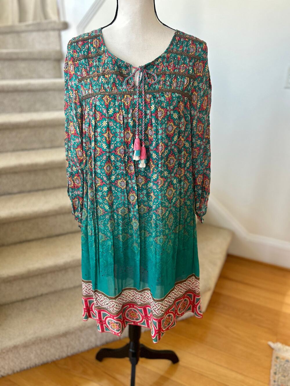 Tanvi Kedia Green & Pink Boho Tassel Long Sleeve Shift Dress